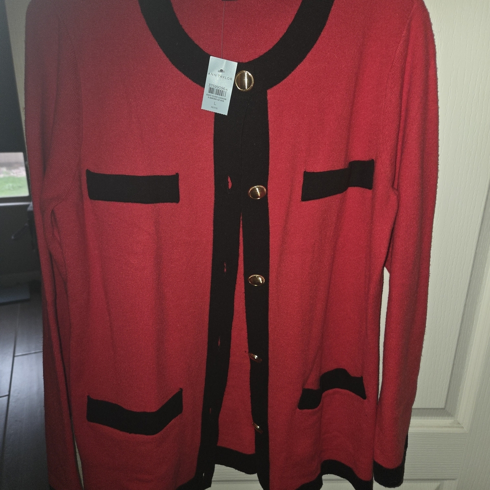 Ann Taylor Red and Black Sweater with Gold Accents